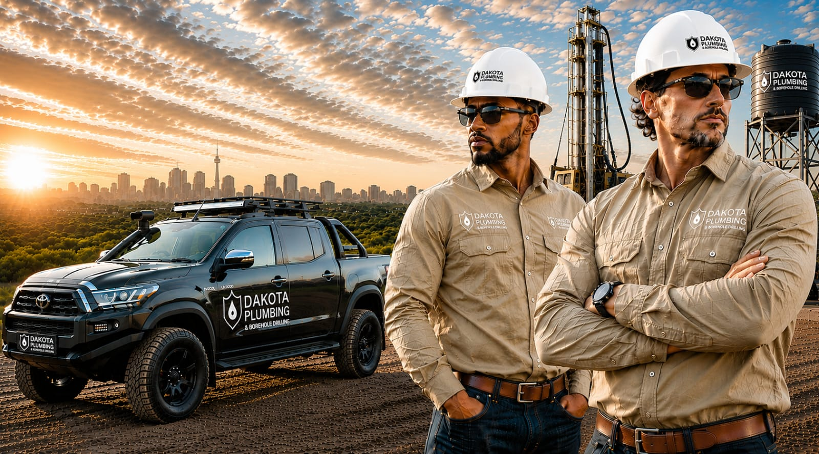 Dakota Plumbing borehole drilling rig on site in Johannesburg at sunset